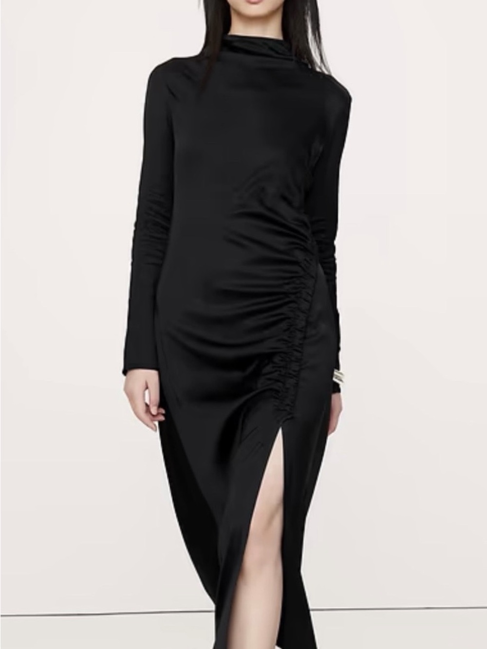 Banana Republic Black Long-Sleeve Ruched Slit Stretch Satin Midi Dress